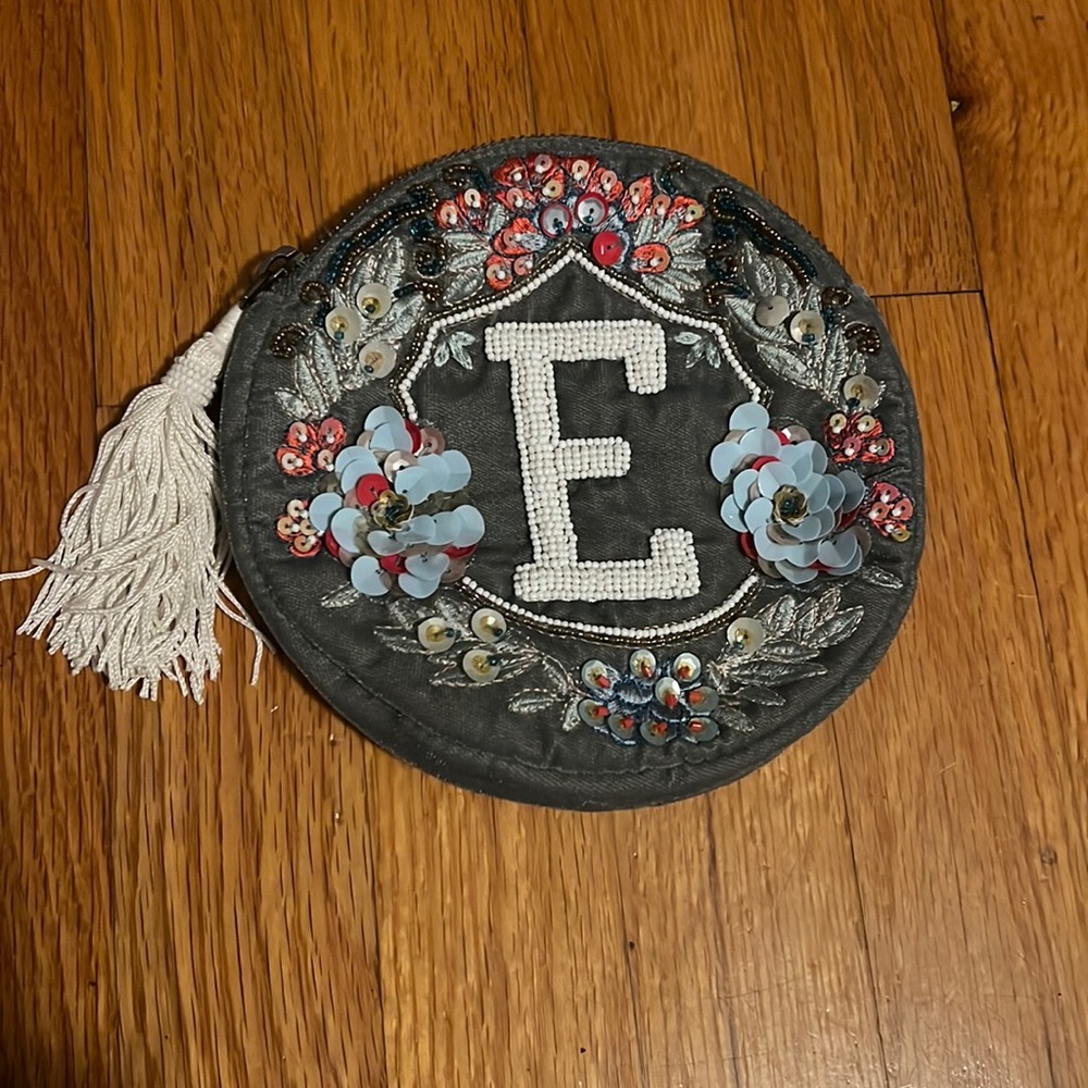 small velvet “E” anthropologie flower bag